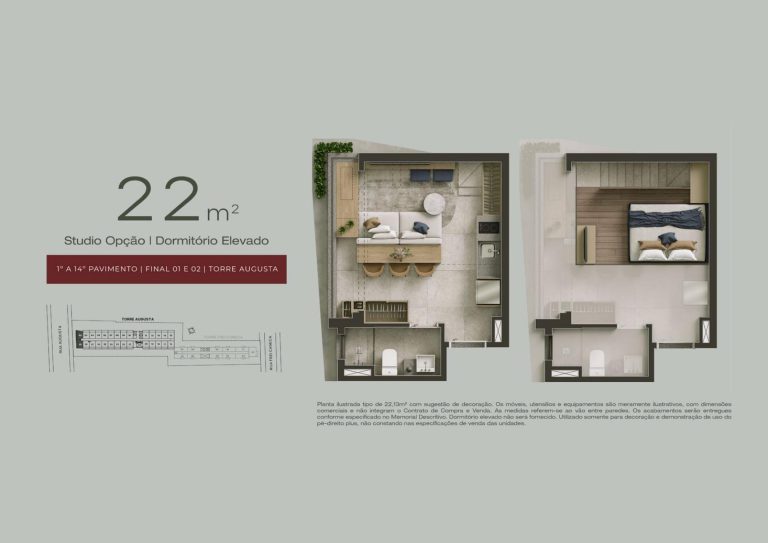 Studio 22 m² — Opção dormitório elevado