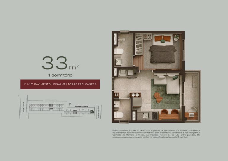 1 dormitório 33 m²