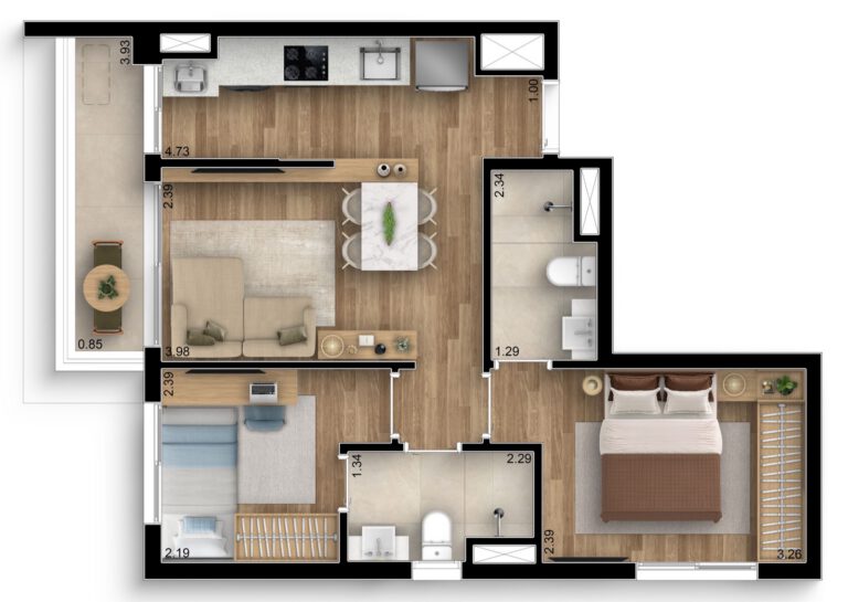 2 suítes — 49,97 m² (1 vaga)