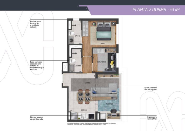 2 dorms. (1 suíte) — 51 m²
