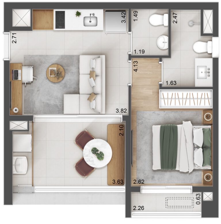 Planta 42 m² — 1 dormitório (1 suíte, lavabo)