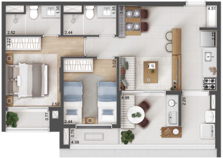 Planta 64 m² — 2 dormitórios (1 suíte)