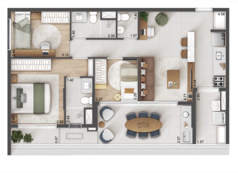 Planta 85 m² — 3 dormitórios (1 suíte, lavabo)